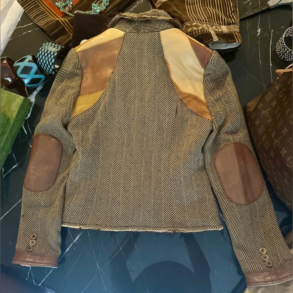 VTG Y2K Cropped Frayed Herringbone Blazer w Leather Patches by BOB MARLEY - Picture 2 of 9